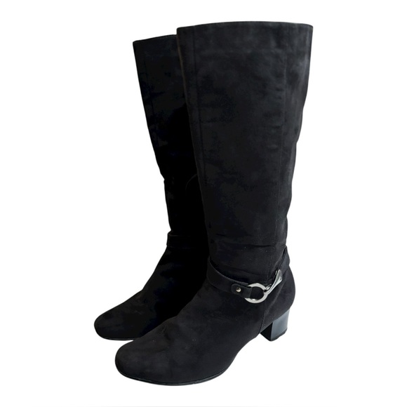 Pesaro Walker Black Suede Knee High Boots Size 8 Heeled Boots Silver Buckle - Picture 1 of 16